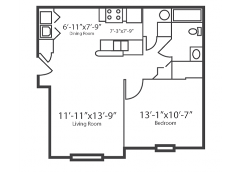 Floor plan for 1 bed, 1 bath, 651 sqft